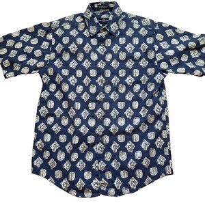 VTG Lawton Harbor Linen Ramie Blend Shirt M Geometric 90s Abstract Blue